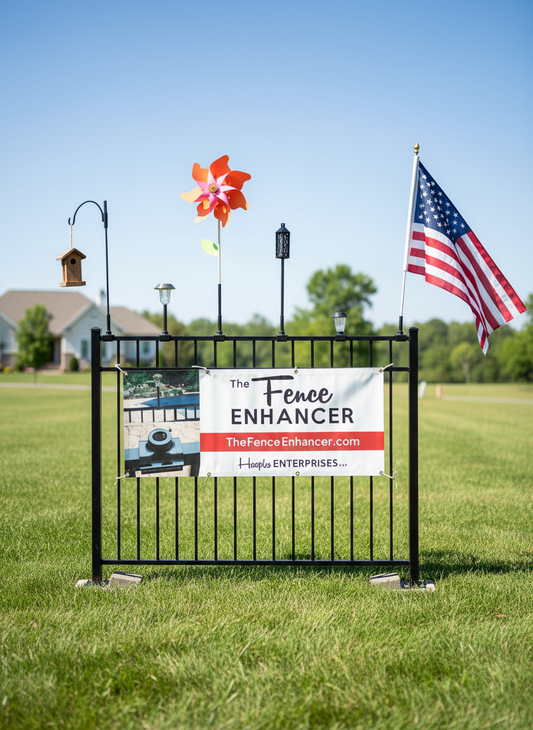 Fence with pinwheels, flag, and decorations